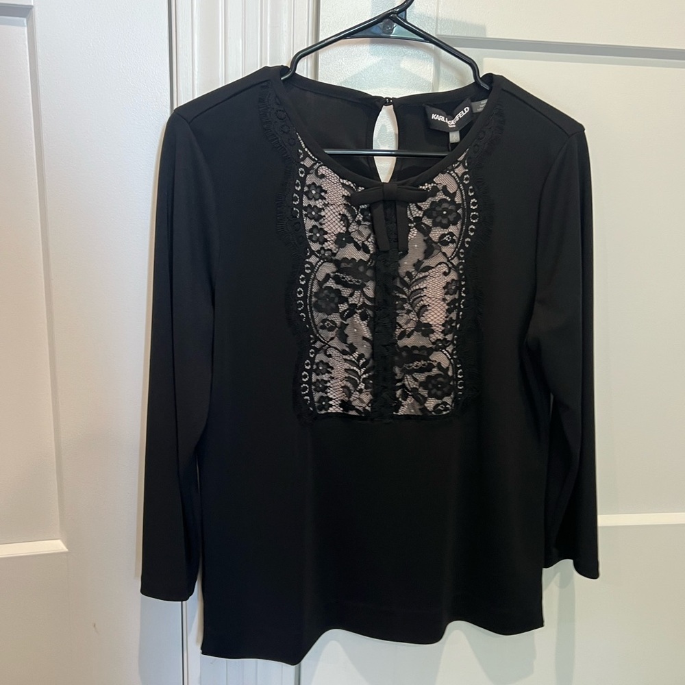 Karl Lagerfeld Black Cream Embellished Cut Out Blouse